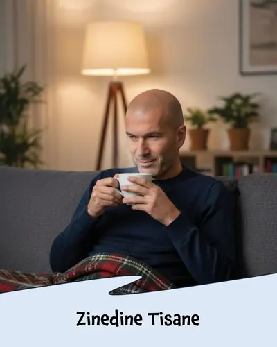 Carte : un homme sur son canapé avec une tasse, légendée Zinedine Tisane